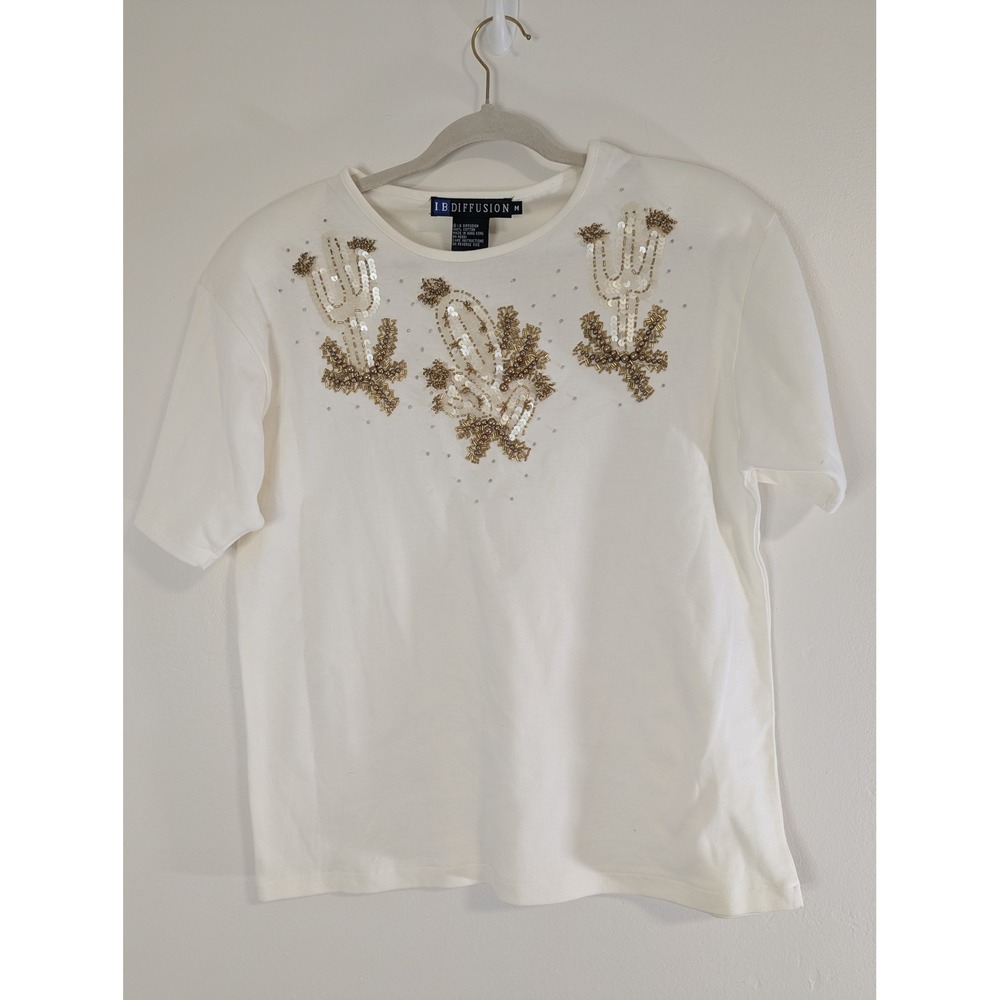 IB Diffusion Vintage White Cotton Beaded Cactus‎ Sequin Short Sleeve Top Medium